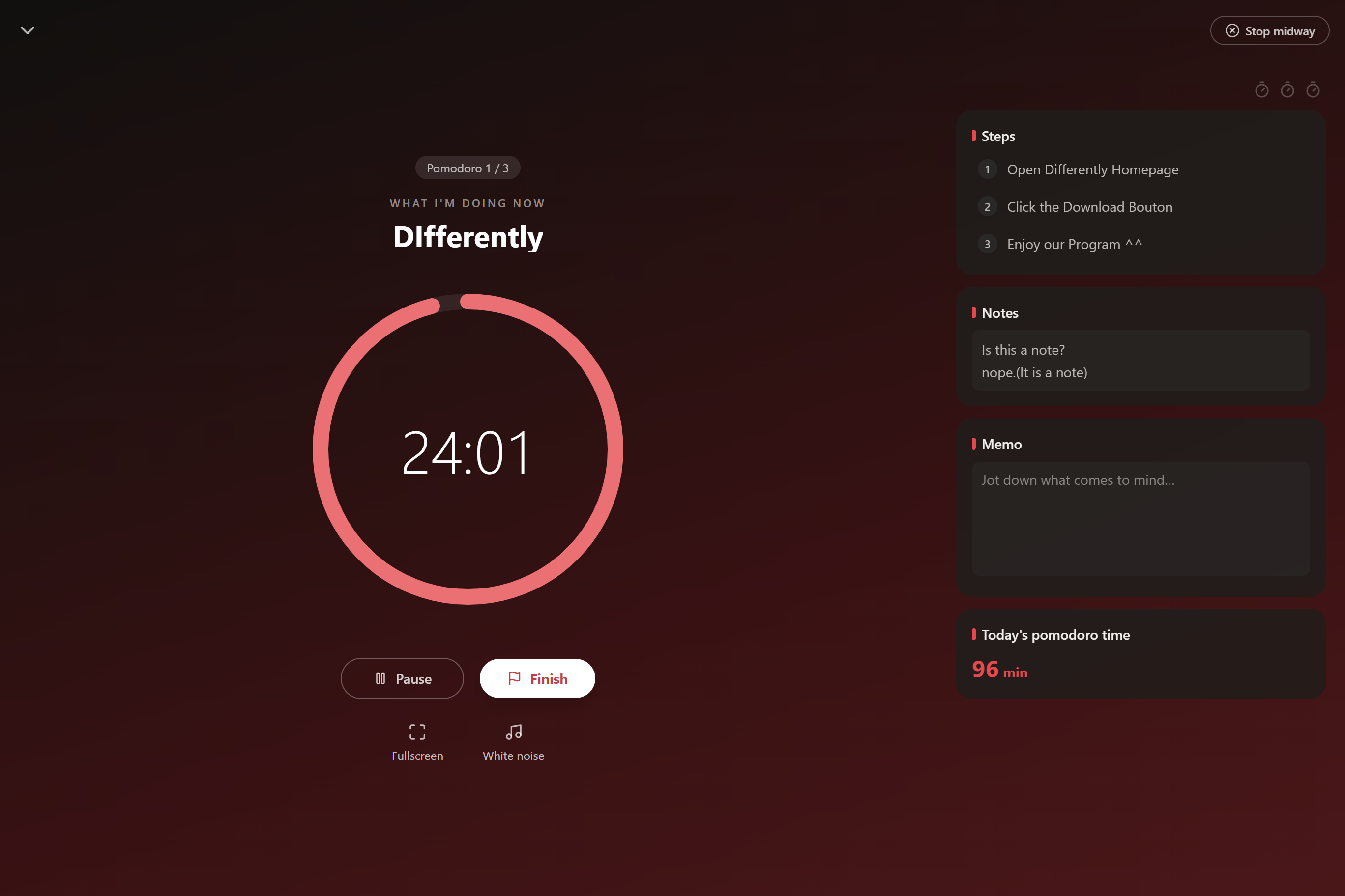 Focus now — one-task pomodoro focus screen (dark theme)