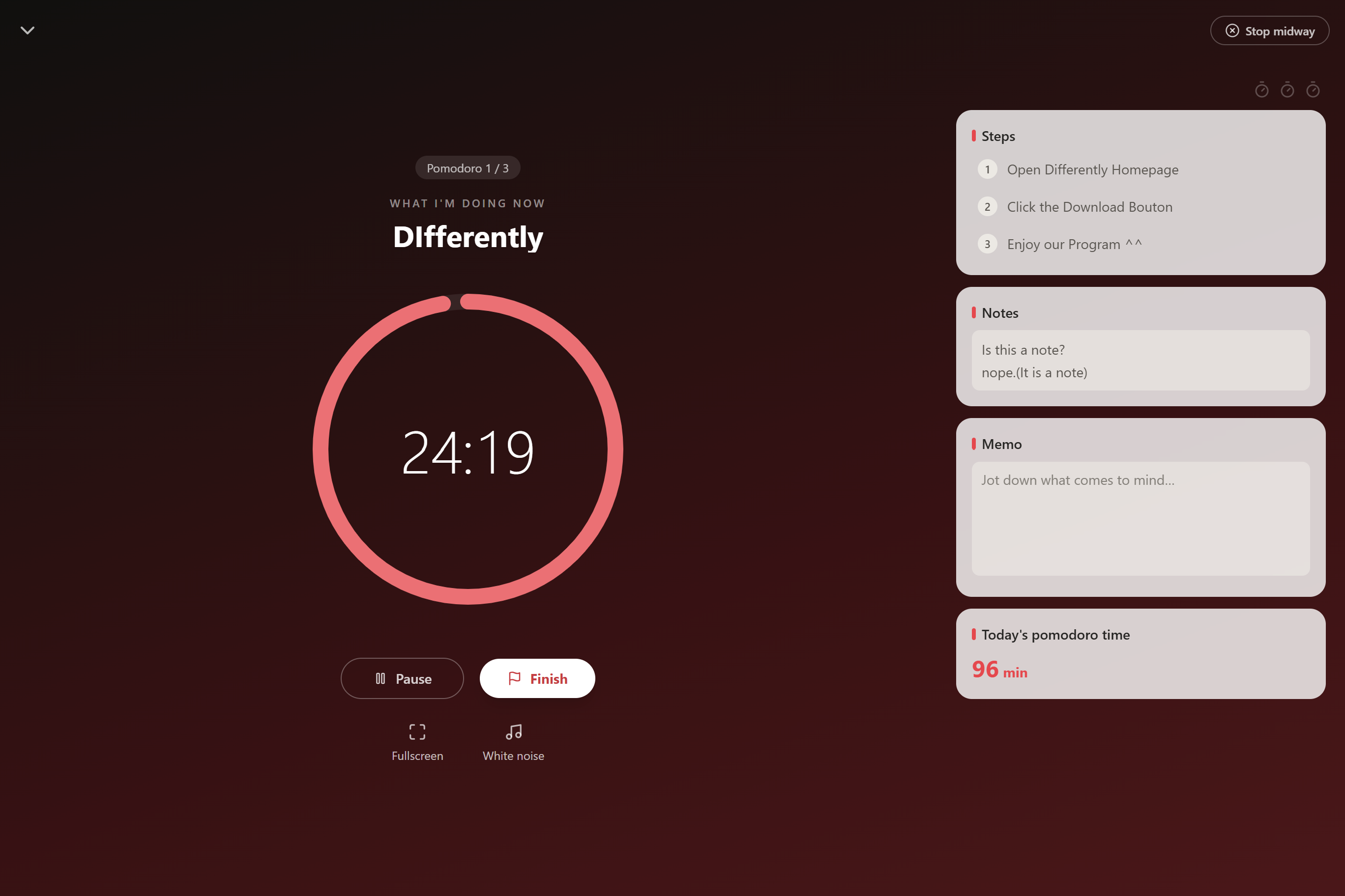 Focus now — one-task pomodoro focus screen (light theme)