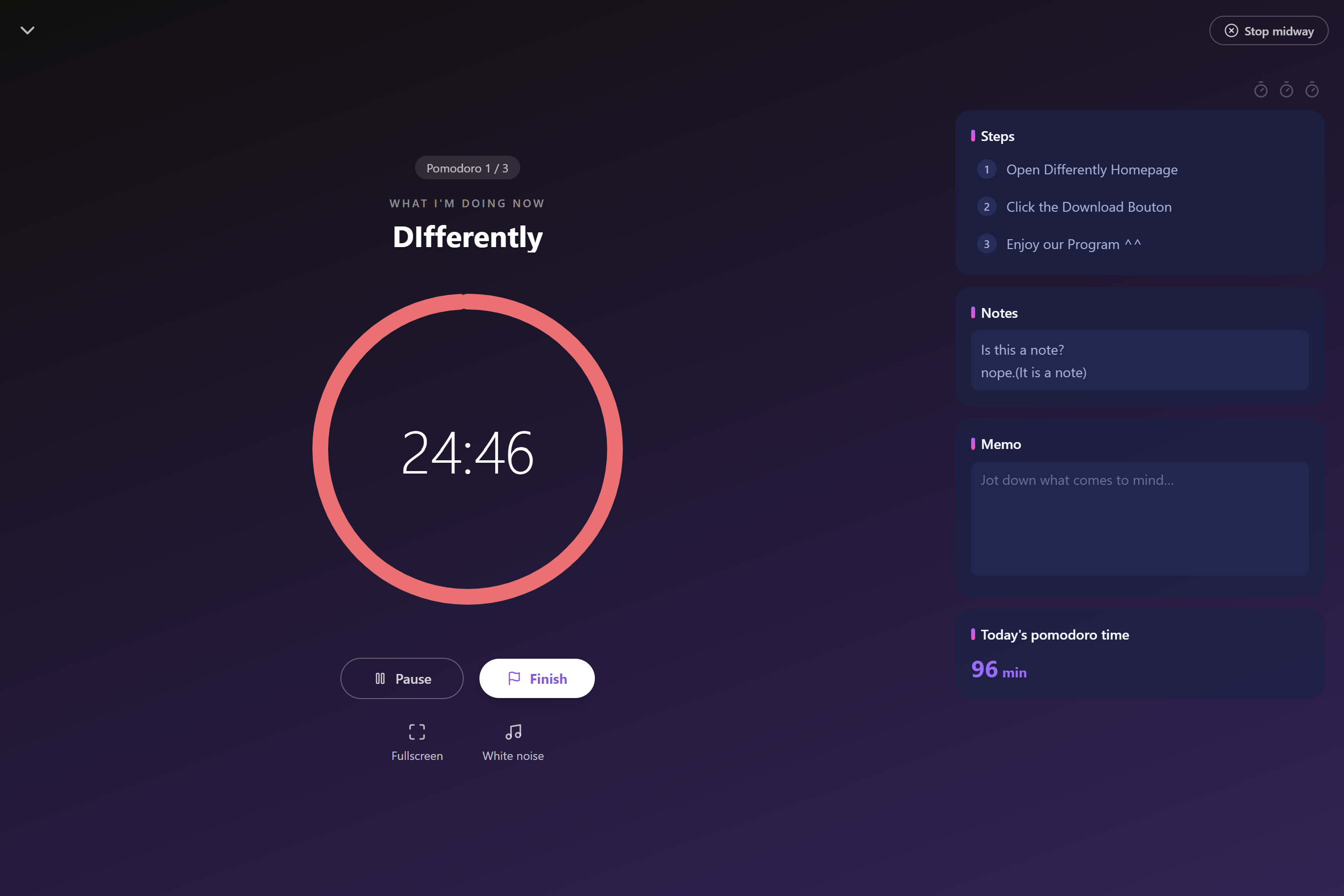 Focus now — one-task pomodoro focus screen (neon theme)