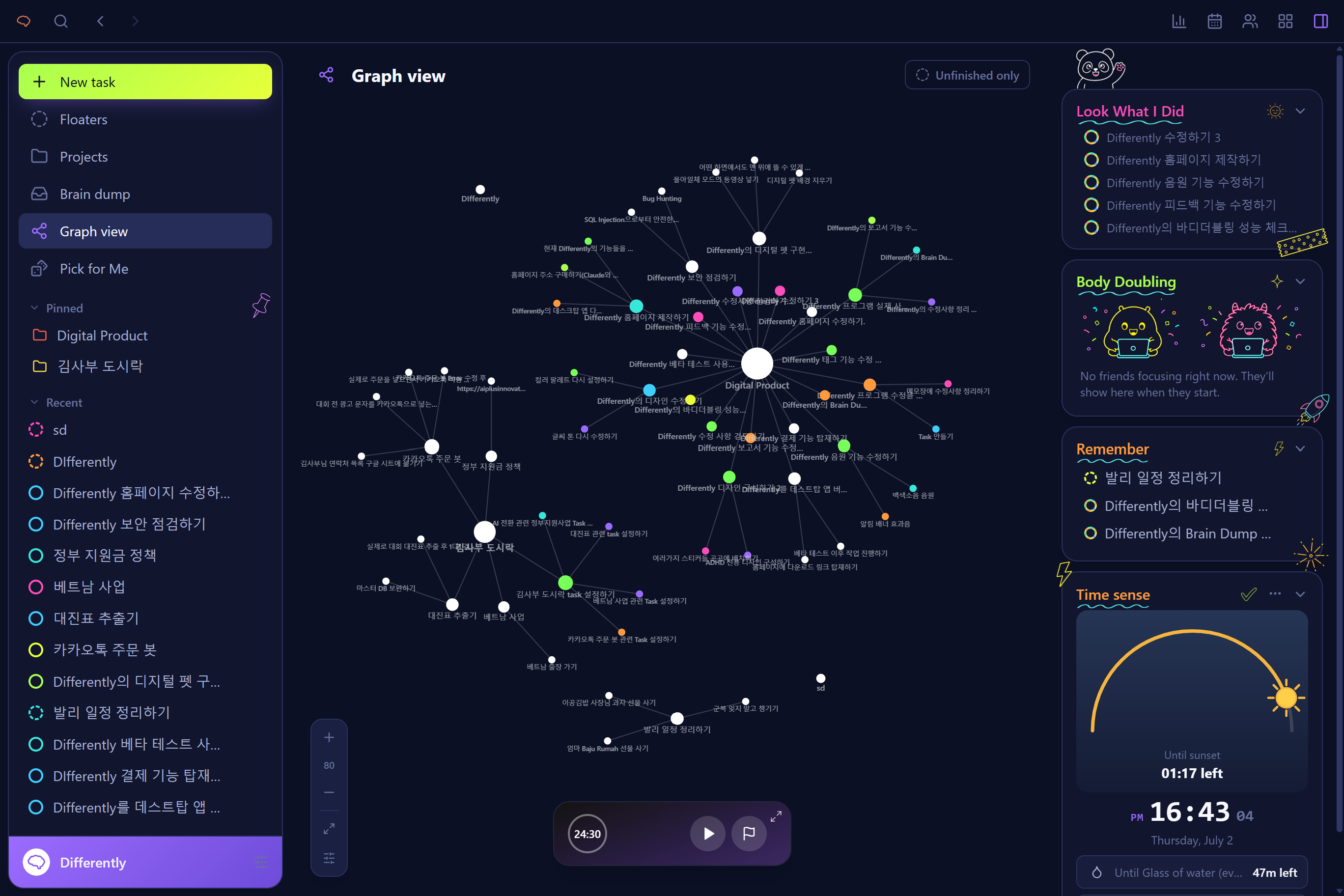 Graph view — tasks as a connected constellation (neon theme)