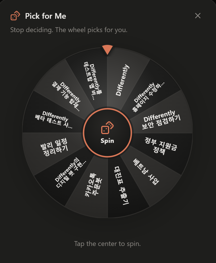 Pick for me — the wheel decides your next task (dark theme)