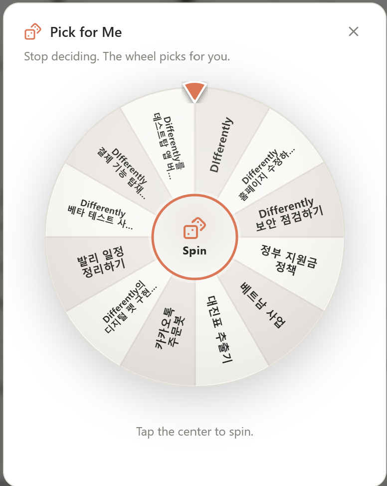 Pick for me — the wheel decides your next task (light theme)
